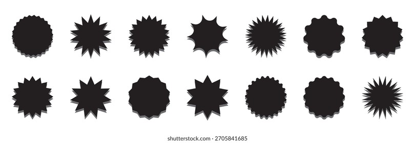 Set of star burst shape tags for price. Circle sticker set. Wavy edge promo black badges. Blank sale stickers. Simple silhouette. Flat vintage labels isolated on transparent background.