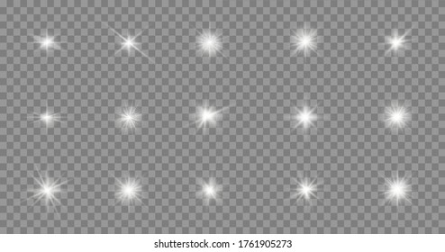 Set of star burst with sparkles. Sparkling magical dust particles. White glowing light explodes on a transparent background. Glitter bright star. Transparent shining sun, bright flash. Vector.