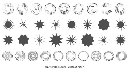 Set star burst sticker. Round halftone frame. Dotted circle, vintage abstract dot halftones frames and random dots circles. PNG	