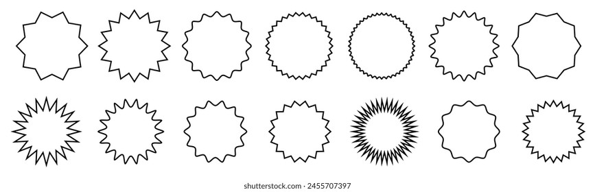 Set of star burst stickers round shape. Outline Vector starburst price tage icon.