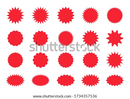 Set of star burst stickers. Vector starburst price tag icon. Set badge shape. Sale promo pricetags. Red badges isolated on white background. Round sun splash in simple design. Wave vignette.