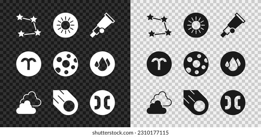 Set Star constellation zodiac, Sun, Telescope, Cloudy weather, Comet, Pisces, Aries and Full moon icon. Vector