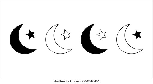 Set of star and crescent in black and white style, Happy Ramadan and muslim, islamic crescent. Vector icon,