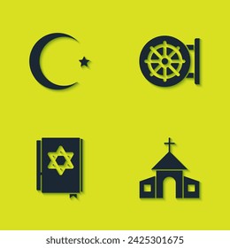 Set Star and crescent, Church building, Jewish torah book and Dharma wheel icon. Vector