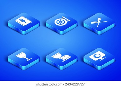 Set Star and crescent, Cross ankh book, Holy grail or chalice, Dharma wheel and of Koran icon. Vector