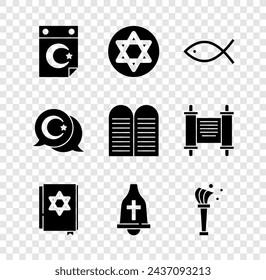 Set Star and crescent, of David, Christian fish, Jewish torah book, Church bell, Aspergillum,  and The commandments icon. Vector