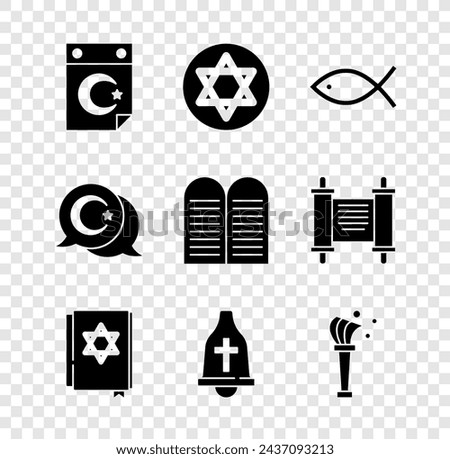 Set Star and crescent, of David, Christian fish, Jewish torah book, Church bell, Aspergillum,  and The commandments icon. Vector