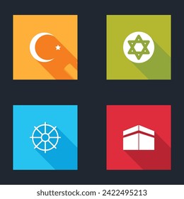 Set Star and crescent, of David, Dharma wheel and Kaaba mosque icon. Vector