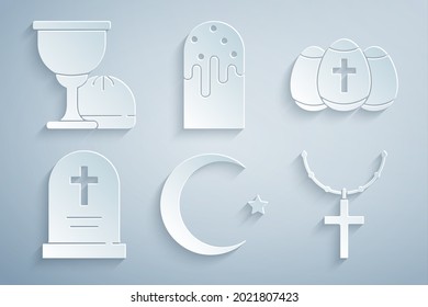 Set Star and crescent, Easter egg, Tombstone with cross, Christian chain, cake and Holy grail or chalice icon. Vector