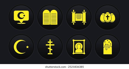 Set Star and crescent, Easter egg, Christian cross, icon, Decree, paper, parchment, scroll, The commandments, cake and  icon. Vector