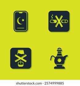 Set Star and crescent, Islamic teapot, No alcohol and Smoking icon. Vector