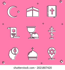 Set Star and crescent, Kaaba mosque, Holy bible book, Torah scroll, grail chalice, Christian cross, Cross ankh and Church tower icon. Vector