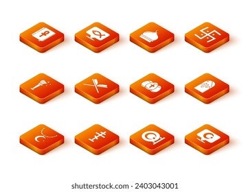 Set Star and crescent on chain, Christian cross, Aspergillum, Holy book of Koran, Easter egg,  and cake icon. Vector