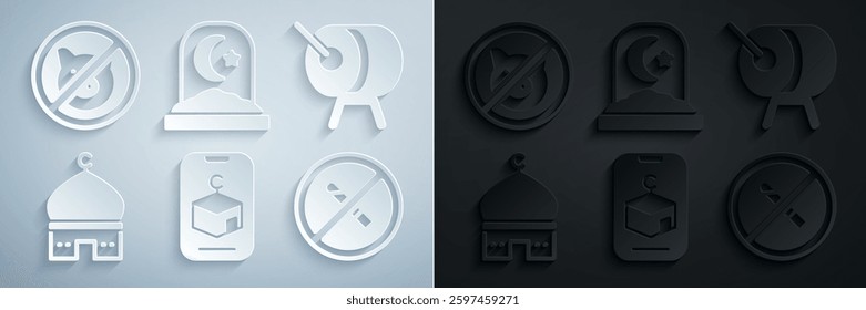 Set Star and crescent, Ramadan drum, Muslim Mosque, No Smoking, cemetery and pig icon. Vector