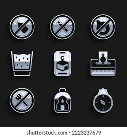 Set Star and crescent, Ramadan Kareem lantern, Qibla, Donate or pay your zakat, fasting, Glass with water, No pig and alcohol icon. Vector