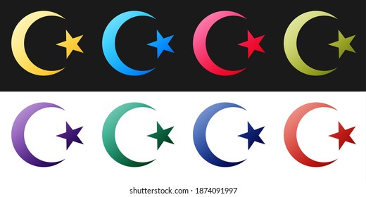 Set Star and crescent - symbol of Islam icon isolated on black and white background. Religion symbol. Vector.