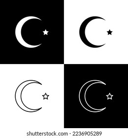 Establecer Estrella y media luna - símbolo del icono del Islam aislado en el fondo blanco y negro. Símbolo religioso.  Vector