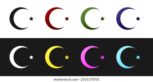 Set Star and crescent - symbol of Islam icon isolated on black and white background. Religion symbol.  Vector