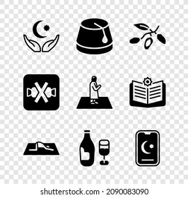 Set Stern und Halbmond, türkischer Hut, Date Frucht, muslimische Mann betet, Weinflasche mit Glas, keine Süßigkeiten und Ikone. Vektorgrafik