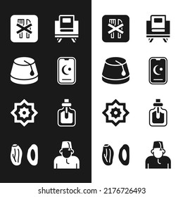 Set Star and crescent, Turkish hat, Ramadan fasting, Holy book of Koran, Octagonal star, Perfume, Muslim man and Date fruit icon. Vector
