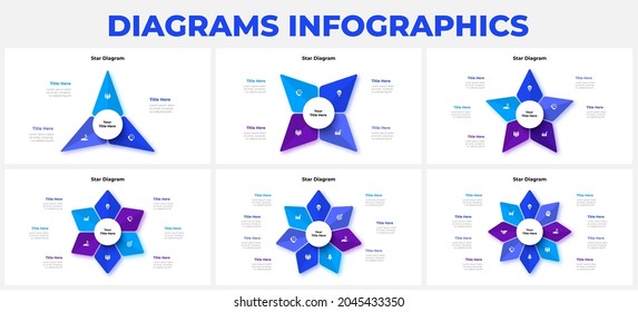 Set of star cycle diagrams divided into 3, 4, 5, 6, 7 and 8 sectors. Infographic design template. Business data visualization.
