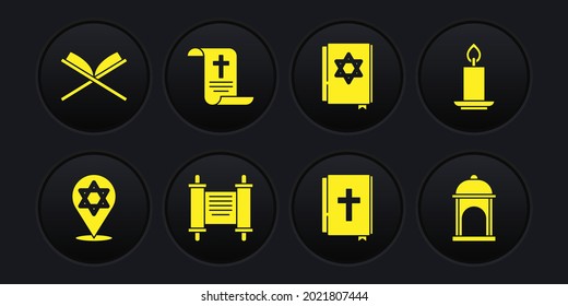 Estrella de David, vela quemante, decreto, papel, pergamino, pergamino, libro de la Biblia Sagrada, antorcha judía, mezquita musulmana e ícono del Corán. Vector