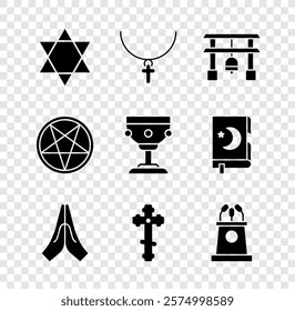 Set Star of David, Christian cross on chain, Japan Gate, Hands praying position, Stage stand or tribune, Pentagram circle and chalice icon. Vector