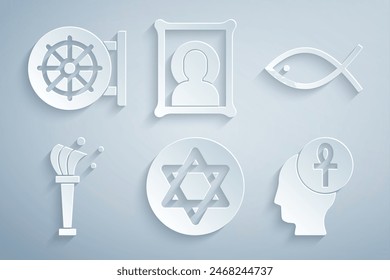 Set Star of David, Christian fish, Aspergillum, Cross ankh, icon and Dharma wheel icon. Vector