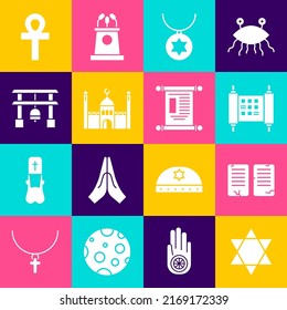 Set Star of David, The commandments, Decree, paper, parchment, scroll, necklace on chain, Muslim Mosque, Japan Gate, Cross ankh and  icon. Vector