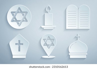 Set Star of David, The commandments, Pope hat, Church tower, Burning candle and  icon. Vector