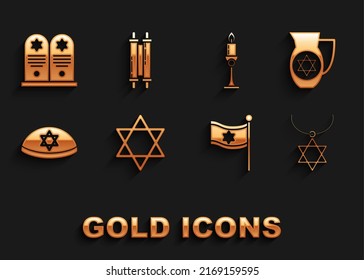 Set Star of David, Decanter with star david, necklace on chain, Flag Israel, Jewish kippah, Burning candle candlestick, Tombstone and Torah scroll icon. Vector