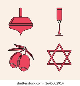 Set Star of David, Hanukkah dreidel, Jewish goblet and Olives branch icon. Vector