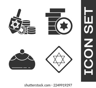 Set Star of David, Hanukkah dreidel and coin, Jewish sweet bakery and Jewish coin icon. Vector