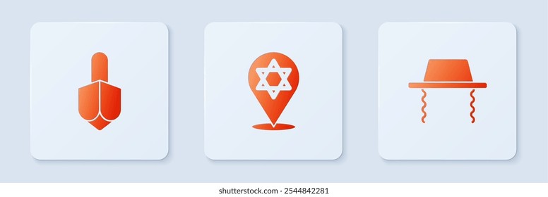 Conjunto Estrella de David, Hanukkah dreidel y sombrero judío ortodoxo. Botón cuadrado blanco. Vector