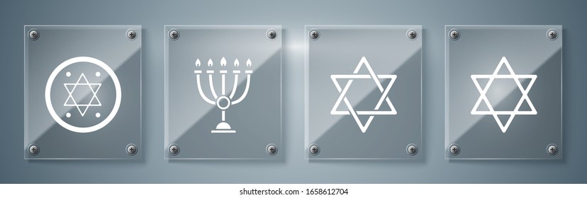 Set Star of David, Star of David, Hanukkah menorah and Jewish coin. Square glass panels. Vector