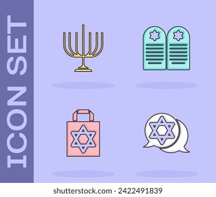 Set Star von David, Hanukkah menorah, Einkaufstasche mit Sternenhimmel und Tombstone Symbol. Vektorgrafik