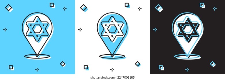 Set Star of David Symbol einzeln auf blauem und weißem, schwarzem Hintergrund. jüdisches Religionssymbol. Symbol Israels.  Vektorgrafik