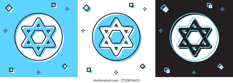 Definir Estrela de David ícone isolado em azul e branco, fundo preto. Símbolo da religião judaica. Símbolo de Israel.  Vetor