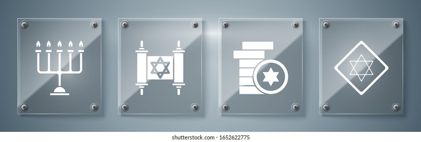 Set Star of David, Jewish coin, Torah scroll and Hanukkah menorah. Square glass panels. Vector