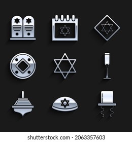 Set Star of David, Jewish kippah with star david, Orthodox jewish hat sidelocks, goblet, Hanukkah dreidel, coin,  and Tombstone icon. Vector