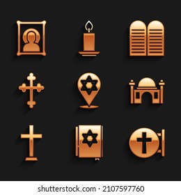 Set Star of David, Jewish torah book, Christian cross, Muslim Mosque, The commandments and icon icon. Vector