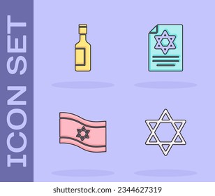 Set Star of David, Jewish wine bottle, Flag Israel and Torah scroll icon. Vector