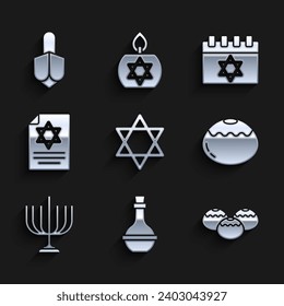 Set Star of David, Jewish wine bottle, sweet bakery, Hanukkah menorah, Torah scroll, calendar and dreidel icon. Vector