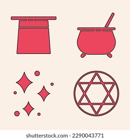 Set Star of David, Magician hat, Witch cauldron and Sparkle stars with magical glitter icon. Vector