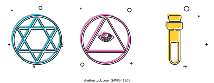 Set Star of David, Masons and Bottle with love potion icon. Vector