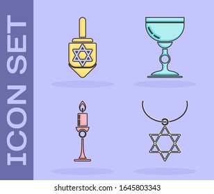 Set Star of David necklace on chain, Hanukkah dreidel, Burning candle in candlestick and Jewish goblet icon. Vector