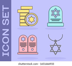 Set Star of David necklace on chain, Jewish coin, Tombstone with star of david and Tombstone with star of david icon. Vector