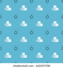 Set Star of David necklace on chain and Jewish coin on seamless pattern. Vector