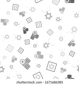 Set Star of David necklace on chain, Star of David and Jewish coin on seamless pattern. Vector