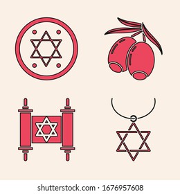 Set Star of David necklace on chain, Jewish coin, Olives branch and Torah scroll icon. Vector
